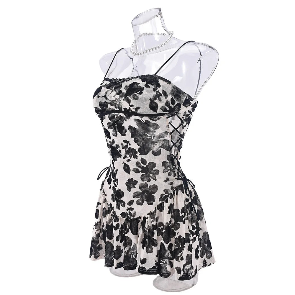 Floral Print Strapless Mini Dress With Ruffles Sleeveless Above Knee