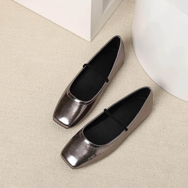 Metallic Square-Toe Mary Janes Slip-On Flats