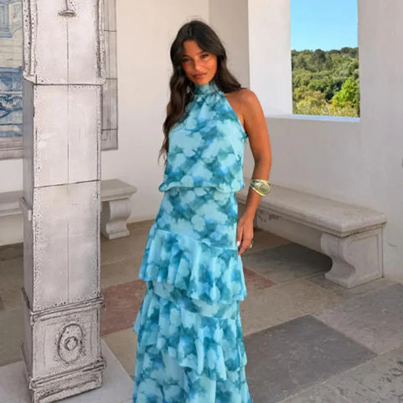 Gradient Flowy Chiffon Three Piece Set With Tube Top Tiered Skirt And Sheer Scarf