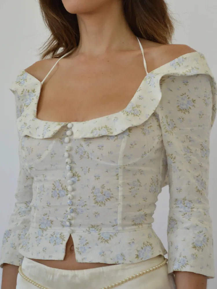 Floral Corset Style Crop Top With Cross Lacing And Ruffle Square Collar Three Quarter Sleeve