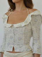 Floral Corset Style Crop Top With Cross Lacing And Ruffle Square Collar Three Quarter Sleeve