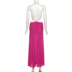 Ruched Mesh Maxi Dress With Cross See Through Halter Backless Bodice