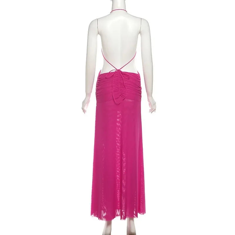 Ruched Mesh Maxi Dress With Cross See Through Halter Backless Bodice