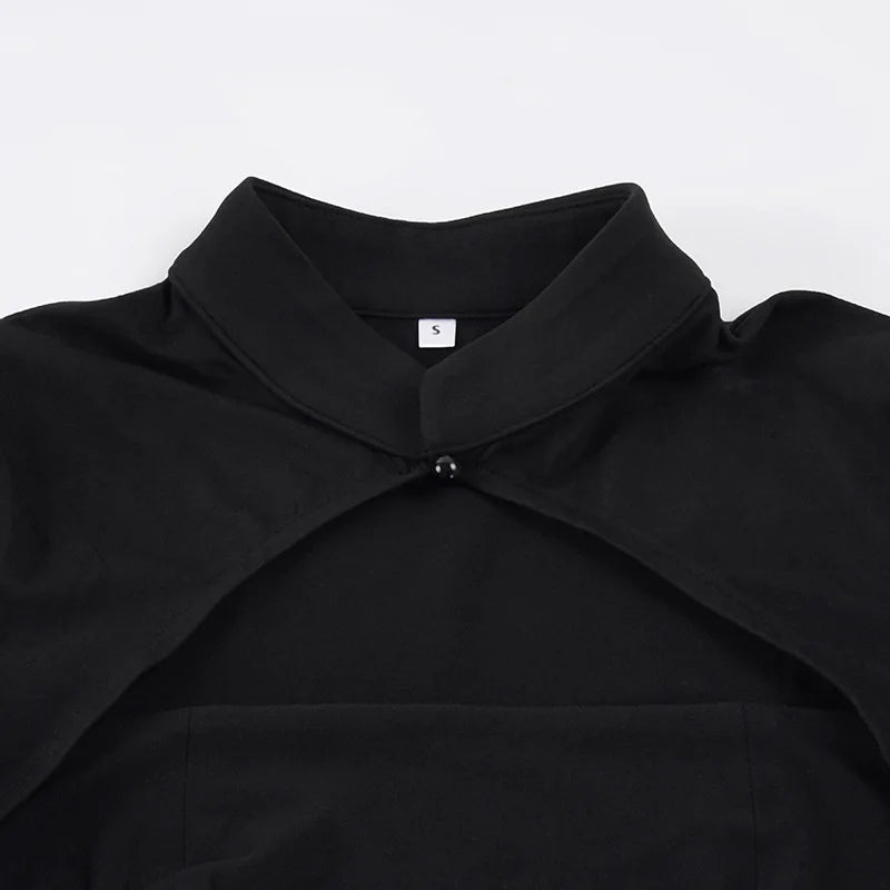 Hollow Stand-Up Collar Shirt With Ultra Slim Fit Short Sleeve Black Top