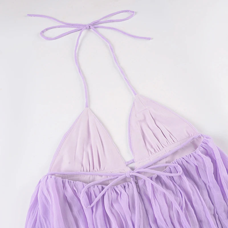 Purple Chiffon Backless Sundress With Deep V Neck A-Line Mini