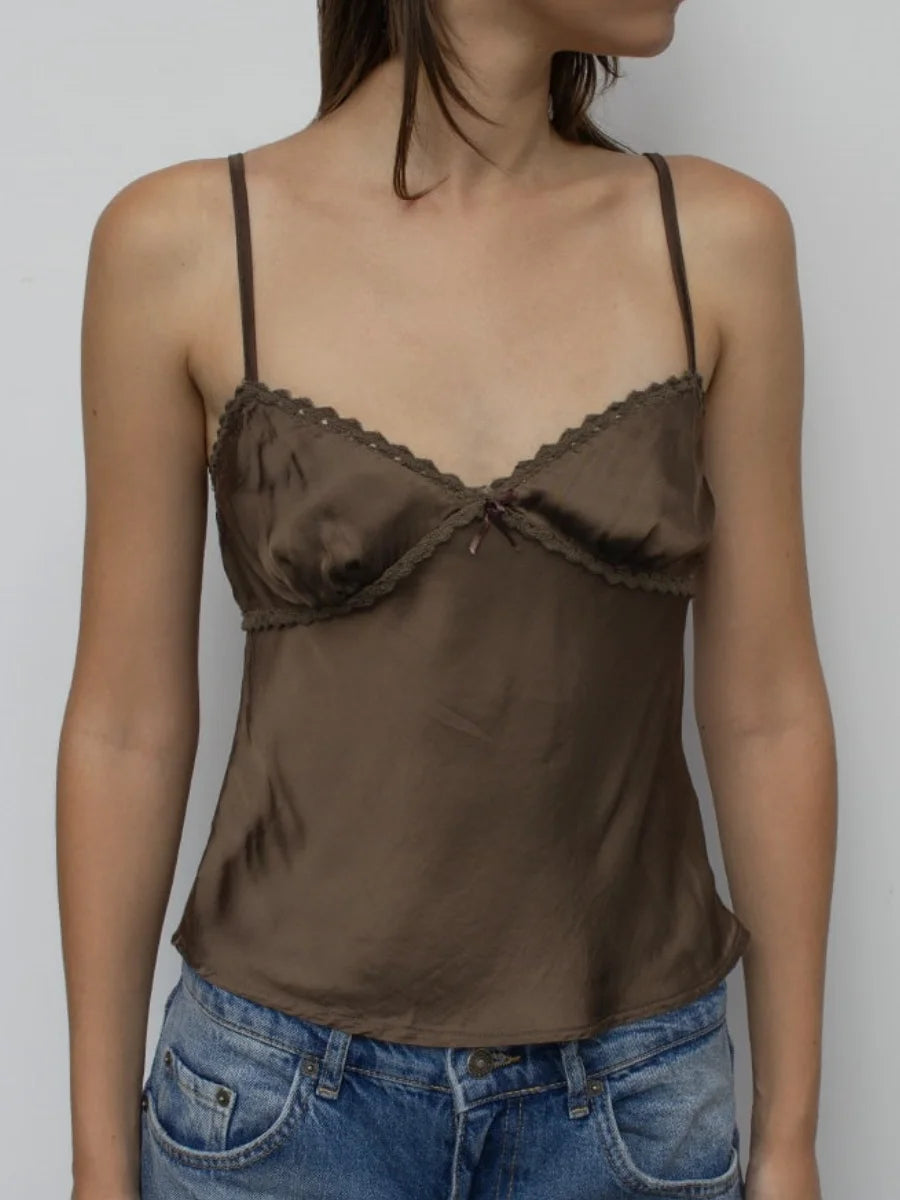 Satin Spaghetti Strap Camisole With Lace Trim V Neck Top