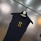 Hollow-Out Knit Vest Dress With Metal Buttons Sleeveless Slit