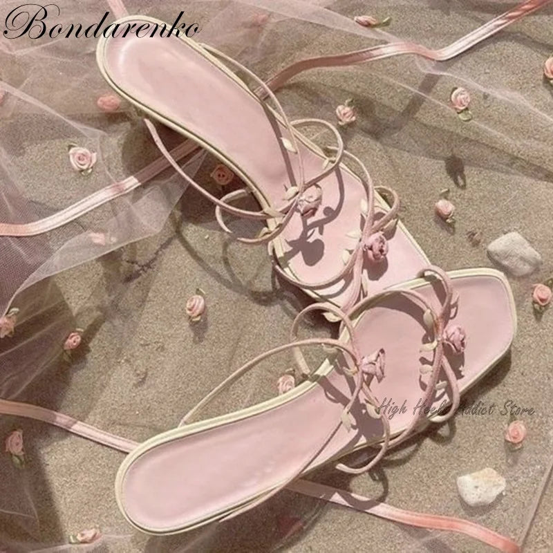 Vintage Rose Slippers With Flowers Strappy Low Heel Mules