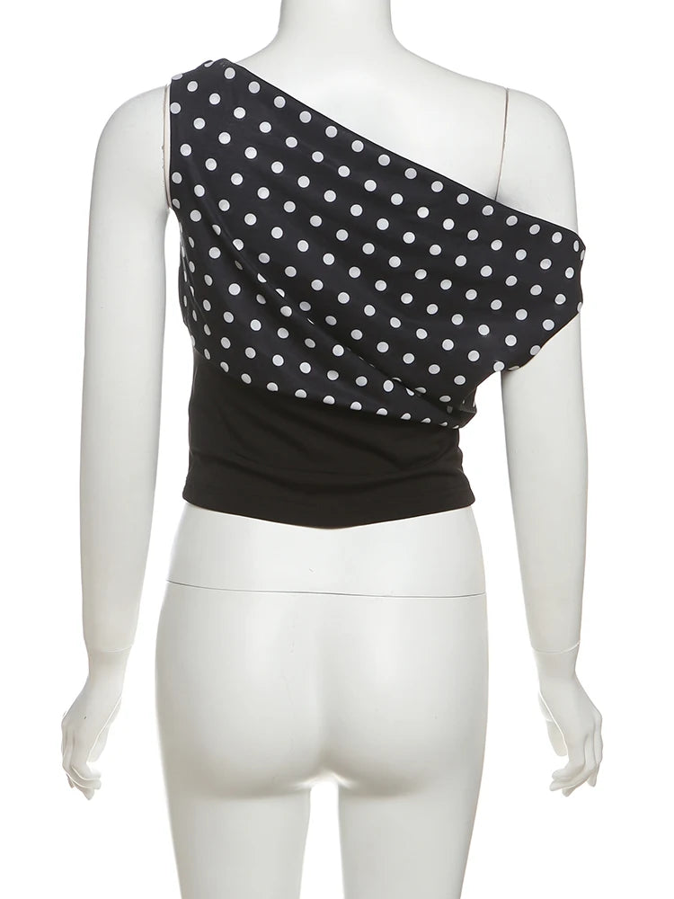 Polka Dot Off Shoulder Crop Top With Skew Collar And Ruched Backless