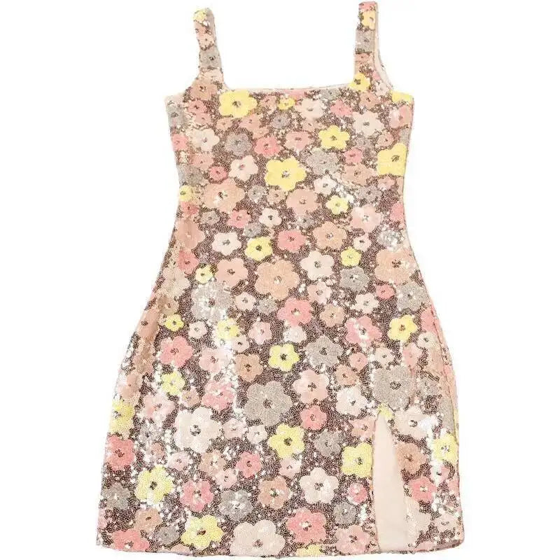 Floral Sequin Mini Dress With Spaghetti Straps