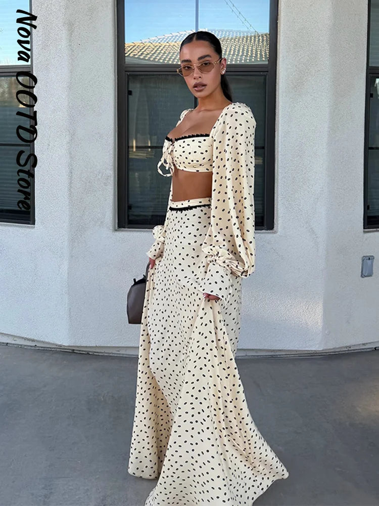 Polka Dot Two-piece Set Square Neck Puff Sleeve Cropped Top With Lace Trim Maxi Skirt