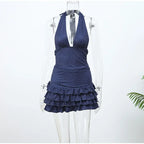 Polka Dot V Neck Halter Top Set With High Waist Ruffle Hem Mini Skirt
