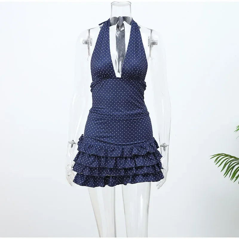Polka Dot V Neck Halter Top Set With High Waist Ruffle Hem Mini Skirt
