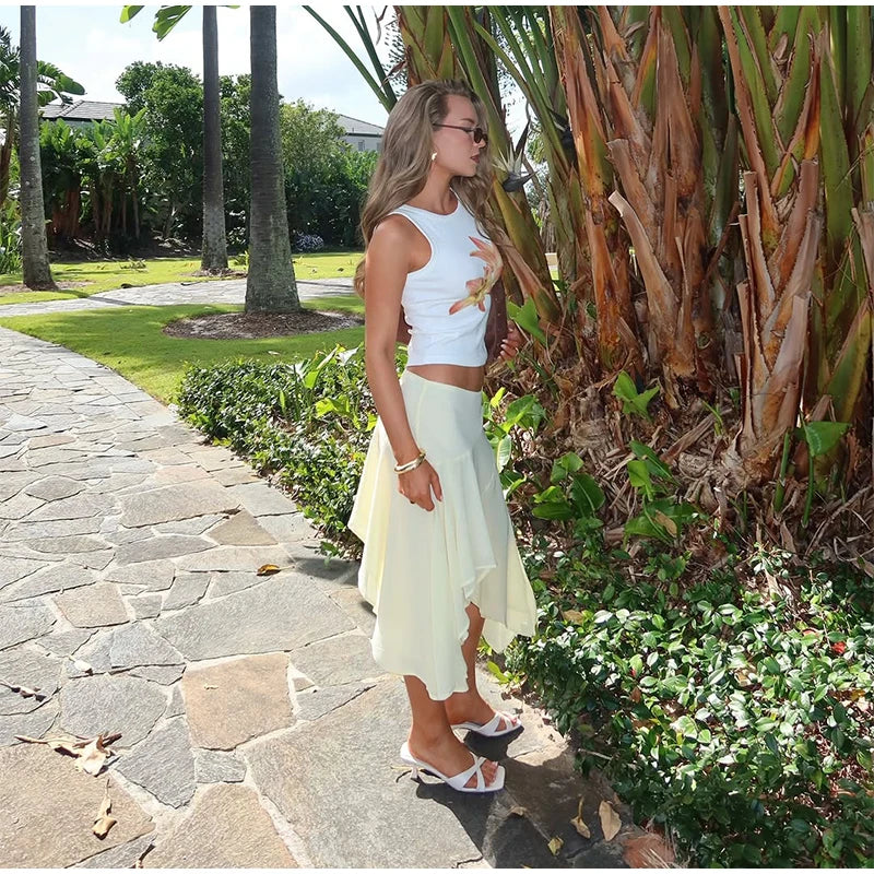 Soft Ruffle High Waist Midi Skirt With Asymmetrical Hem