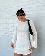 Seaside Sheer Beach Mini Dress With Ruffled Bell Sleeves Chic Vacation Cover Up Tunic