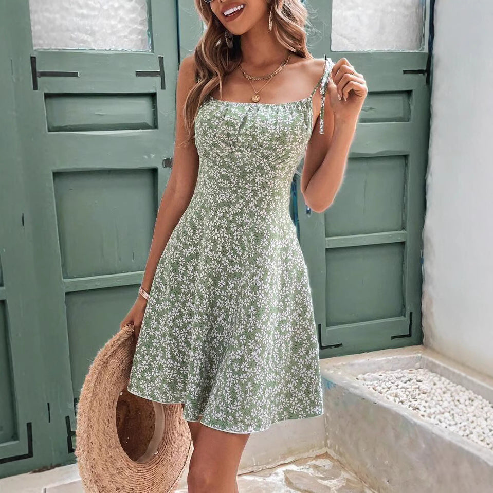 Women's Floral Spaghetti Strap Summer Beach Sundress - Green