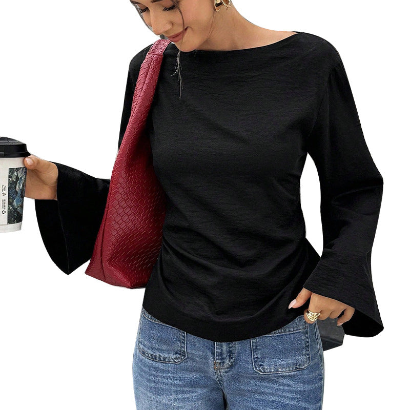 Chic Flared Long Sleeve Pullover In Black Slim Fit