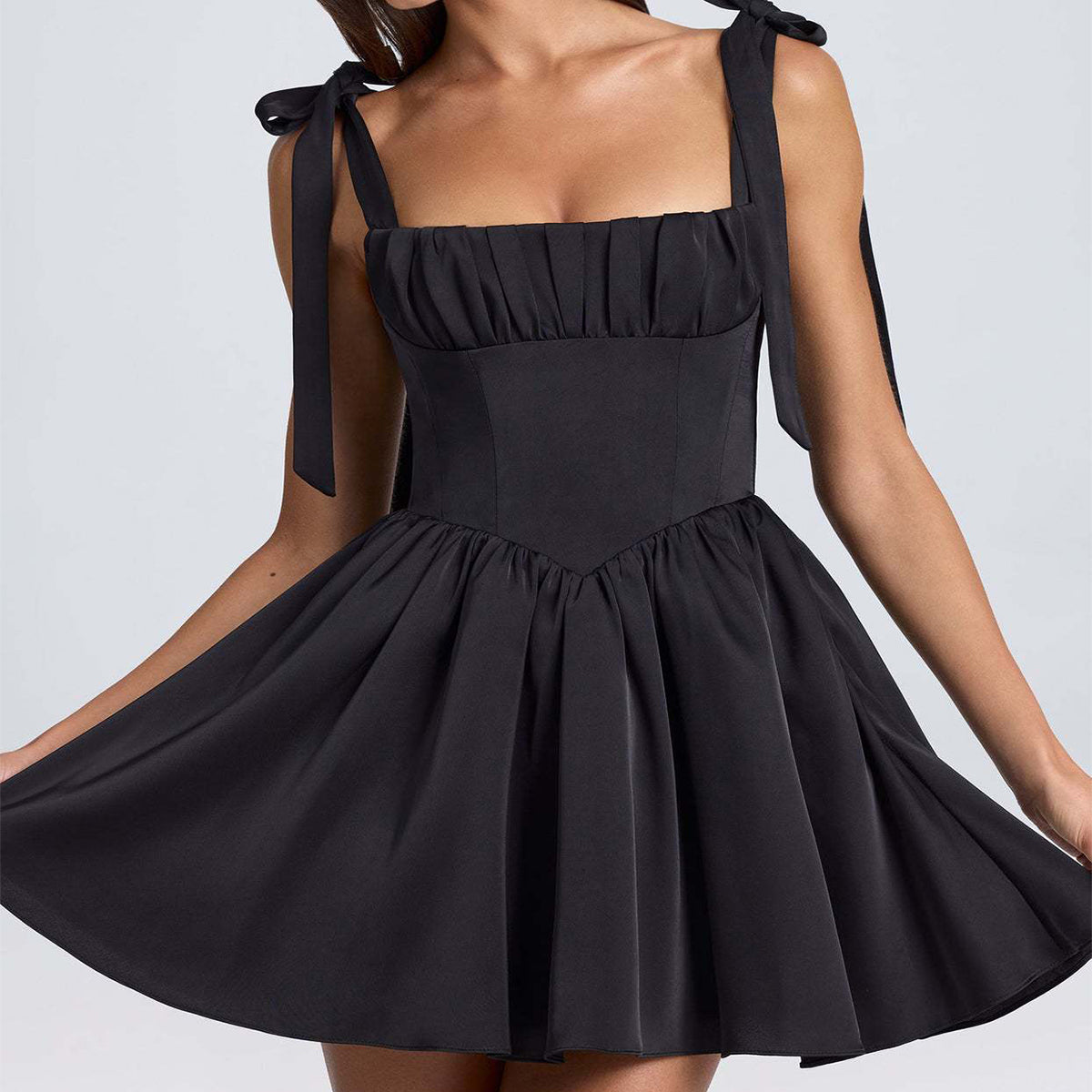 Chic Backless Bow Tie Strap Dress With High Waist Square Collar