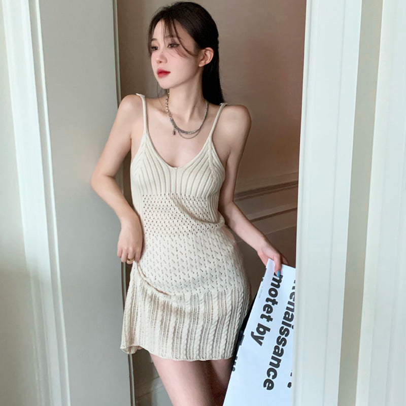 Hollow Knit Dress For Women With High Waist Short