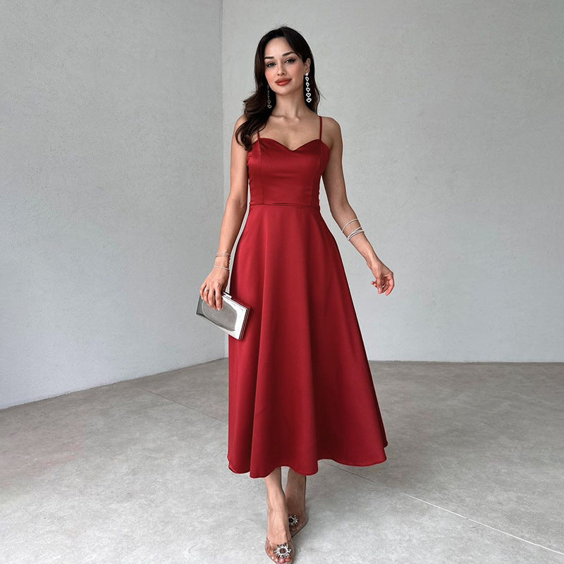Satin Strap Dress With High Waist