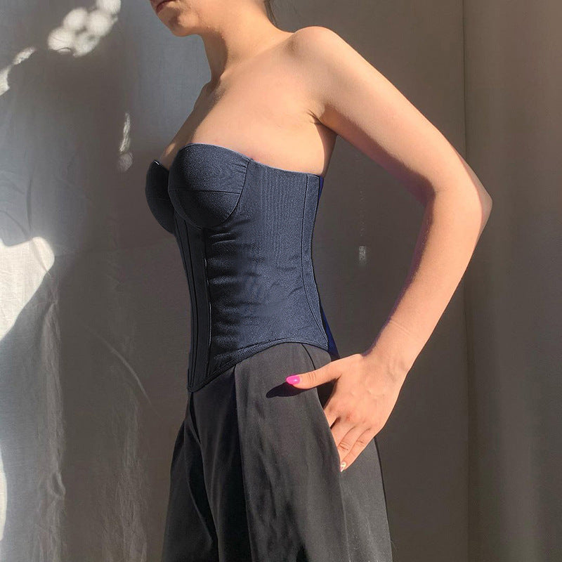 Denim Tube Vest Top With Back Tie Cropped Corset Tank