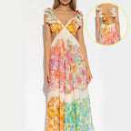 V-neck Ruffle Romantic French-Style Flowers Print Bow-knot Backless