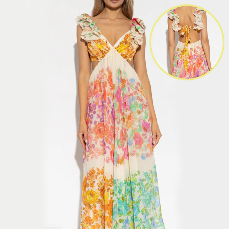 V-neck Ruffle Romantic French-Style Flowers Print Bow-knot Backless