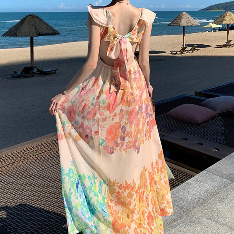 V-neck Ruffle Romantic French-Style Flowers Print Bow-knot Backless