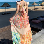 V-neck Ruffle Romantic French-Style Flowers Print Bow-knot Backless
