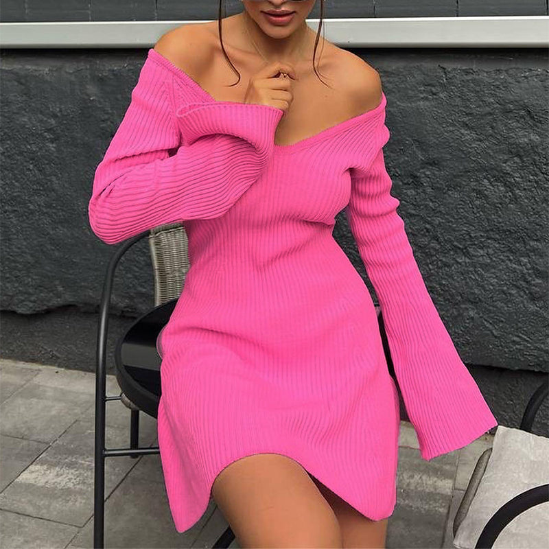 Women's V-Neck Long Sleeve Knitted A-Line Mini Dress
