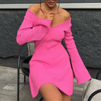 Women's V-Neck Long Sleeve Knitted A-Line Mini Dress