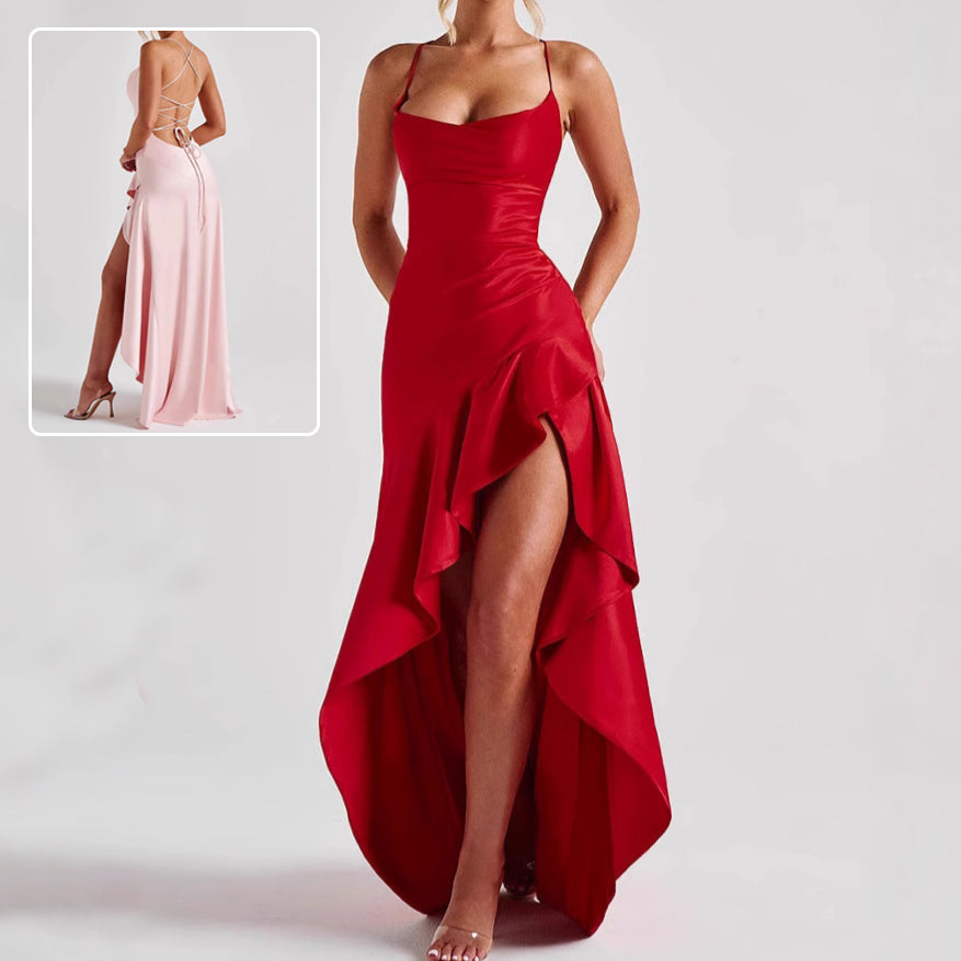 Women's Backless Ruffle Maxi Dress High Waist Split Evening Party