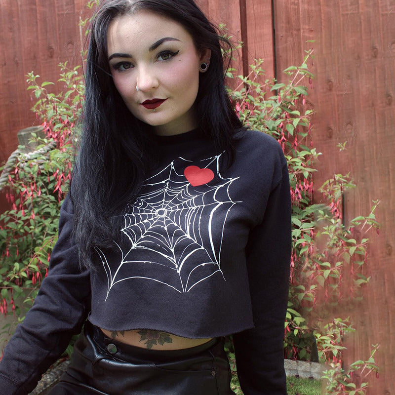 Black Cotton Top With Spider Web Heart Print For Edgy Streetwear Lovers