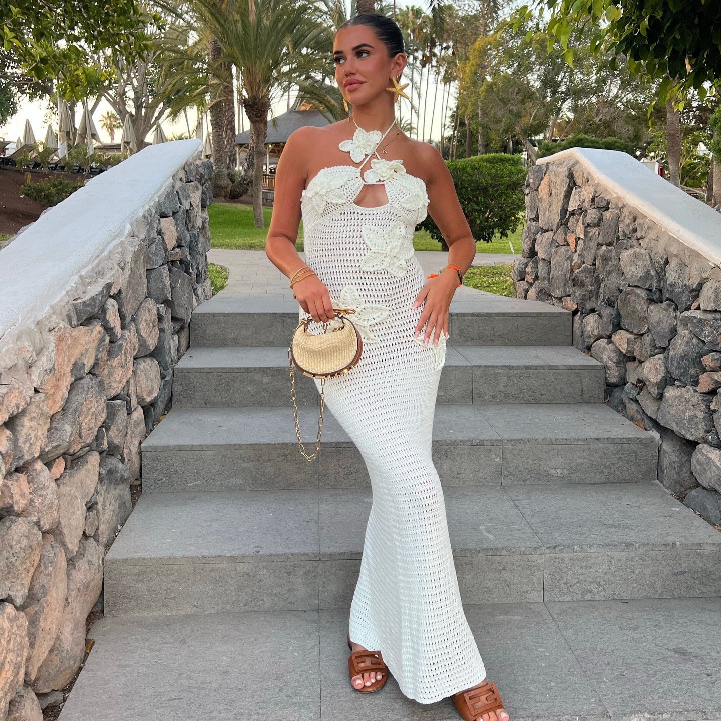 Slim Halterneck With Stars Sexy Seaside Beach Long Dress