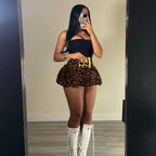 Chic Leopard Print Puff Skirt With Stretchy Spandex