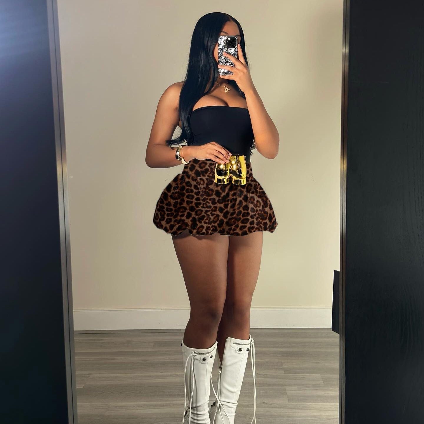 Chic Leopard Print Puff Skirt With Stretchy Spandex