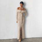 Cozy Khaki Dress With Long Sleeves And Mid Waist Chic