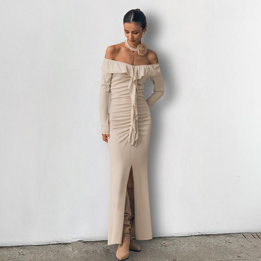 Cozy Khaki Dress With Long Sleeves And Mid Waist Chic