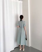 Soft Bubble Sleeve Shirt Dress With V Neck Collar