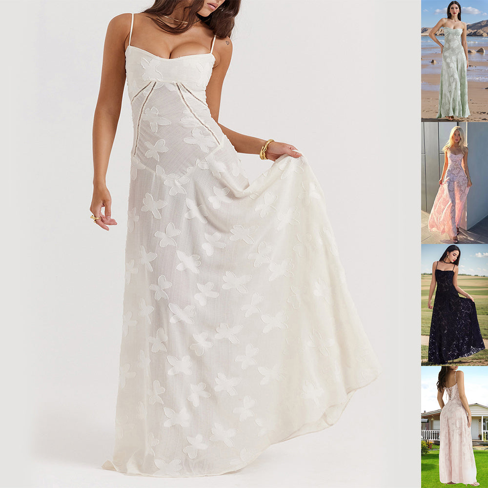 Sexy Flowers Slim Back Lace-up Long Dress