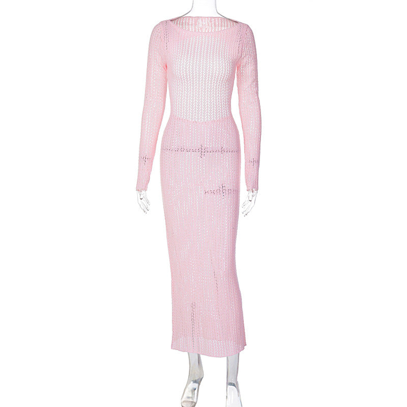 Pink Backless Knit Sweater Dress With High Waist And Long Silhouette