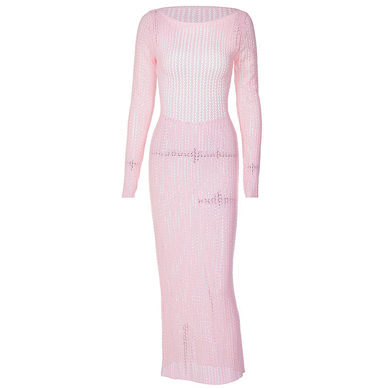 Pink Backless Knit Sweater Dress With High Waist And Long Silhouette