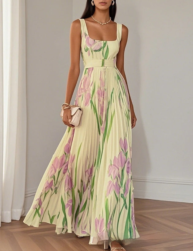 Floral Print Pleated A-Line Sleeveless Midi Dresses