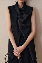 Vintage Asymmetric Collar Top With Front Slit In Silky