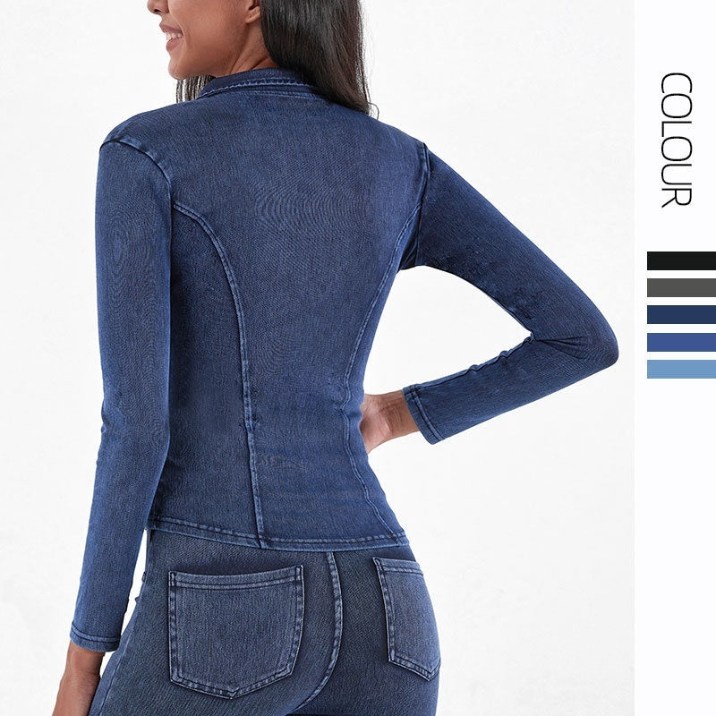 Slim Zippered Denim Yoga Jacket With Pockets High Collar For Women