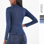 Slim Zippered Denim Yoga Jacket With Pockets High Collar For Women