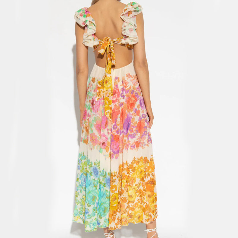 V-neck Ruffle Romantic French-Style Flowers Print Bow-knot Backless