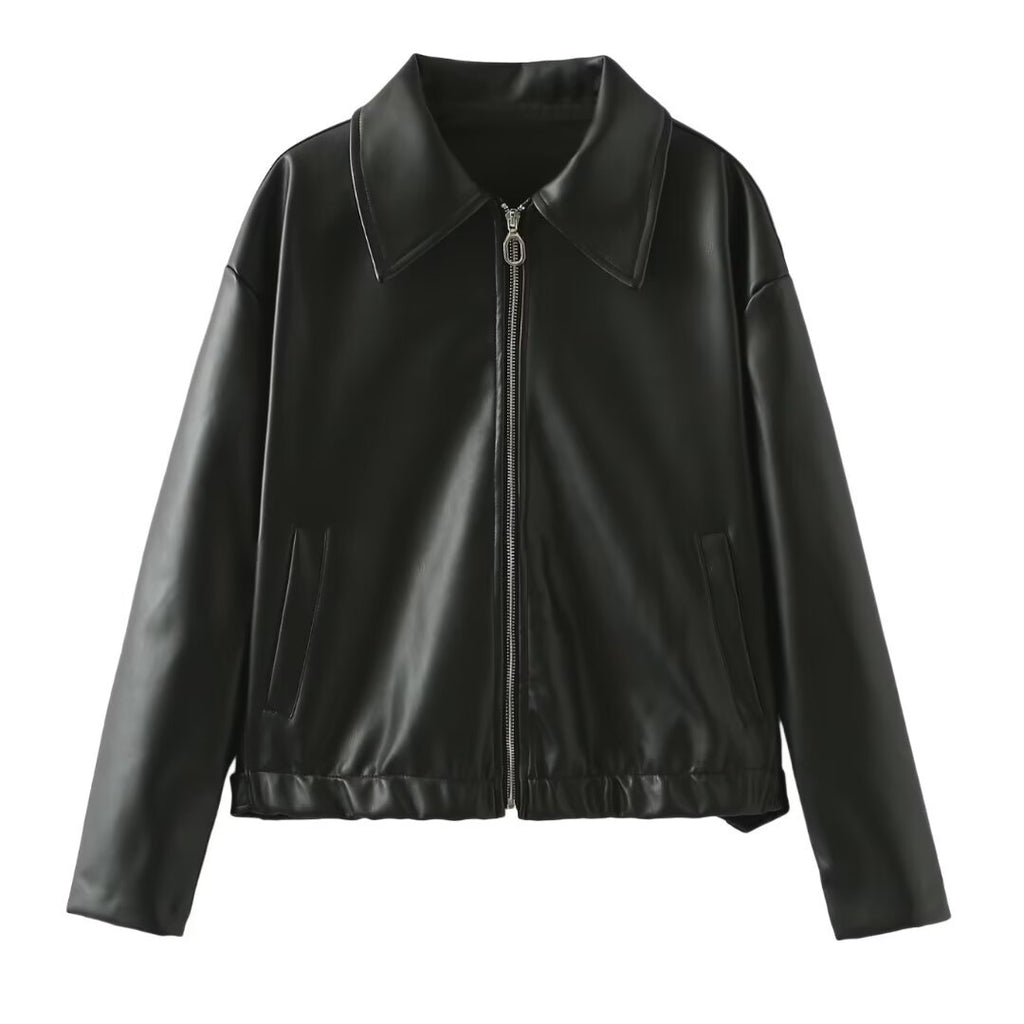 Elevated Casual Faux Leather Jacket With Lapel Zipper For Women