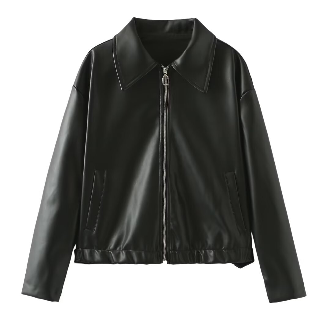 Elevated Casual Faux Leather Jacket With Lapel Zipper For Women
