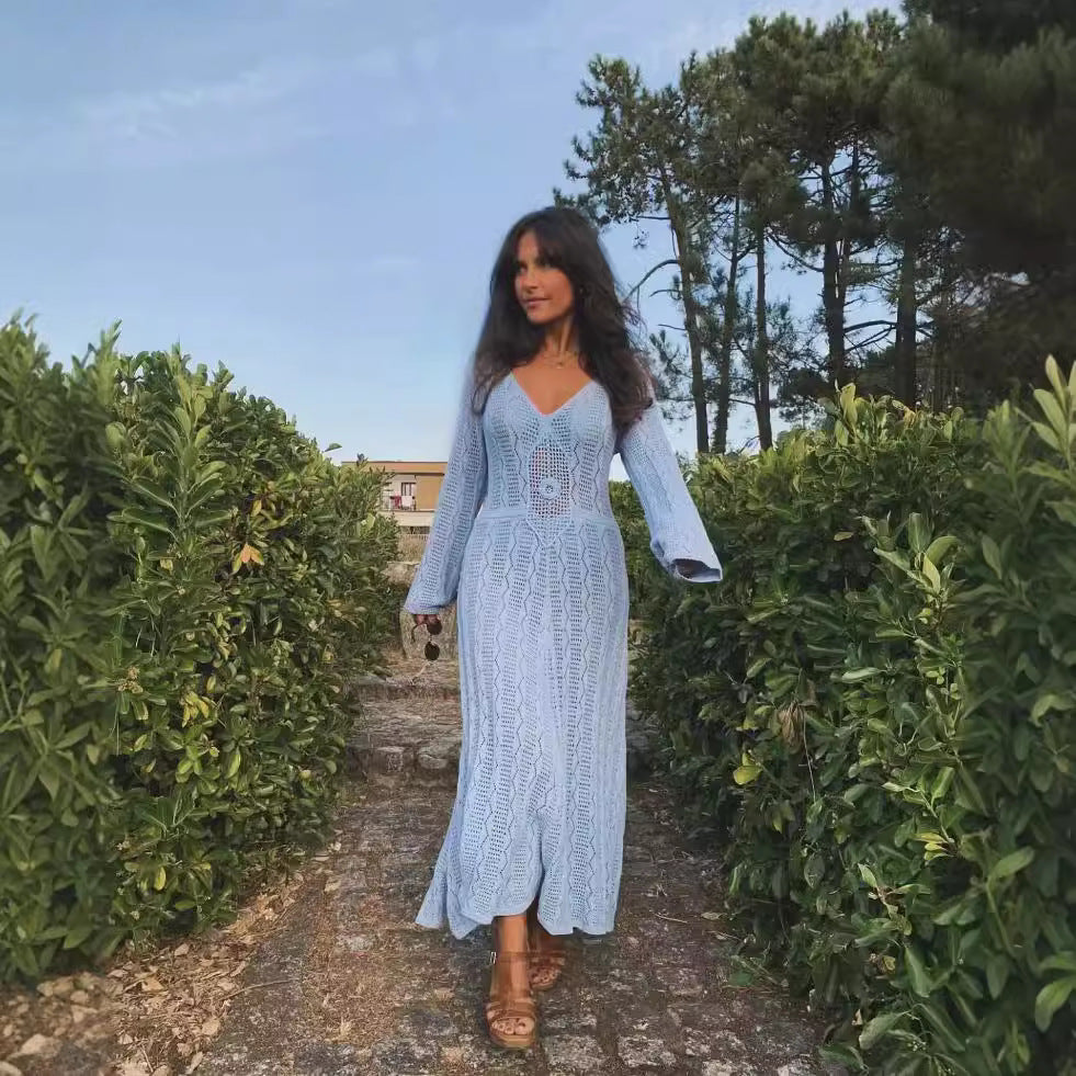 Sky Blue Long Knitted Dress With Bell Sleeves And High Waist